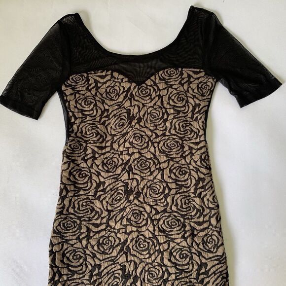 Vintage Manito Bodycon Dress Women Medium Tan Black Floral Rose Sheer Mesh Party - Picture 3 of 12